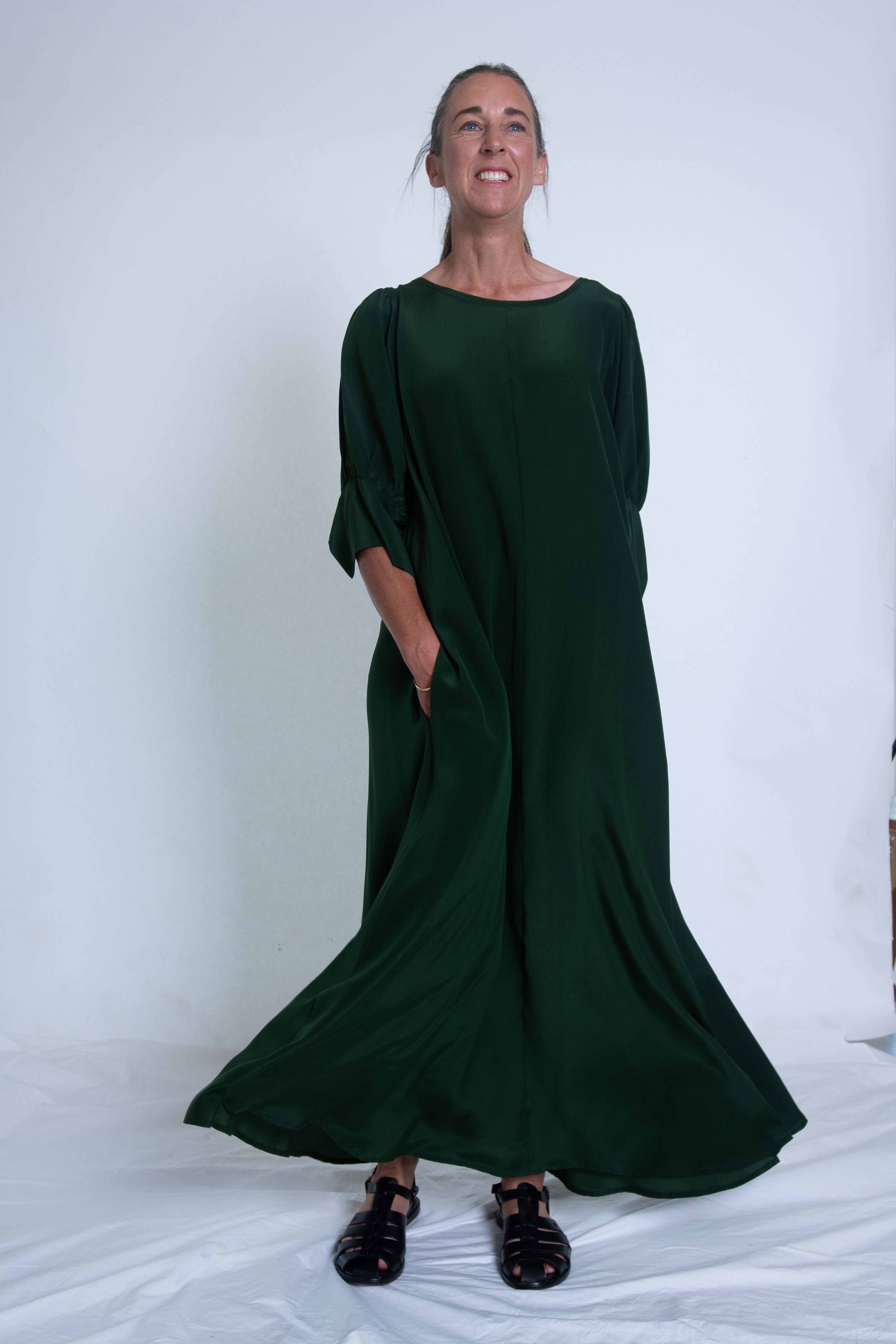 Stella Dress with sleeves - Green Silk