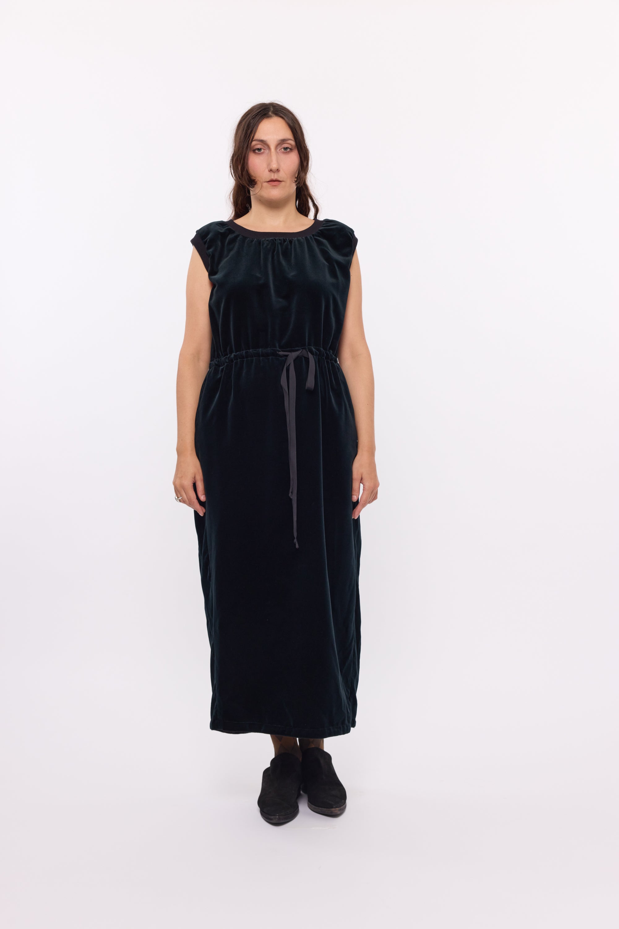 Gathered Waist Dress - Black Velvet