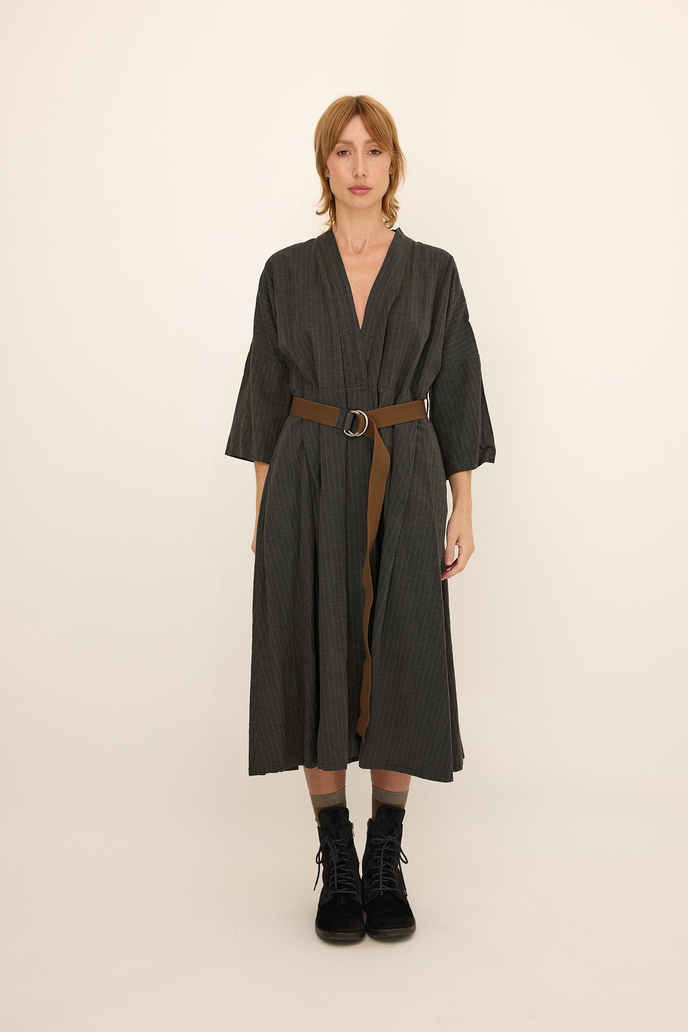 DIANNA DRESS - Dark green pinstripe