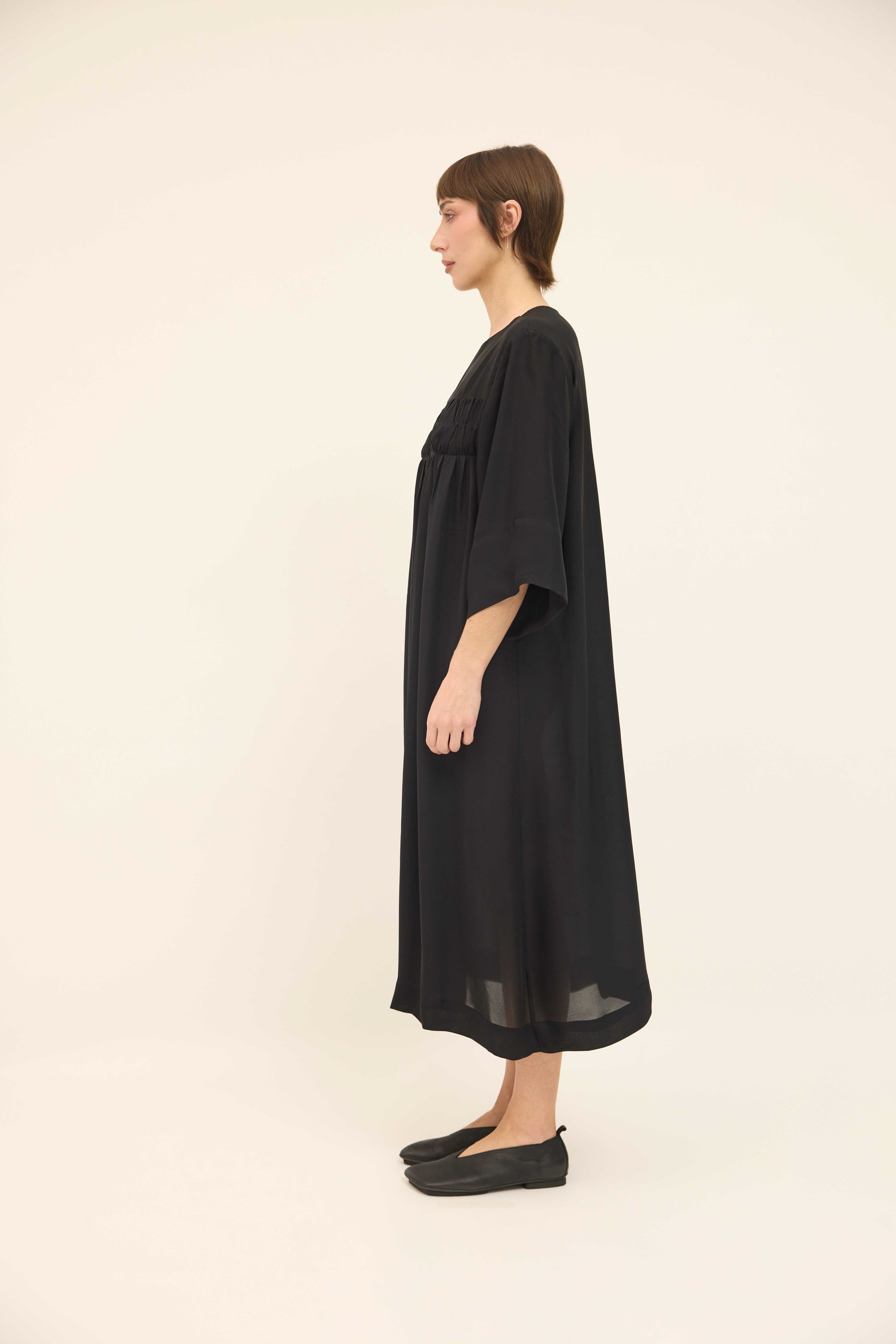 Gathered Dress - Black Double Silk