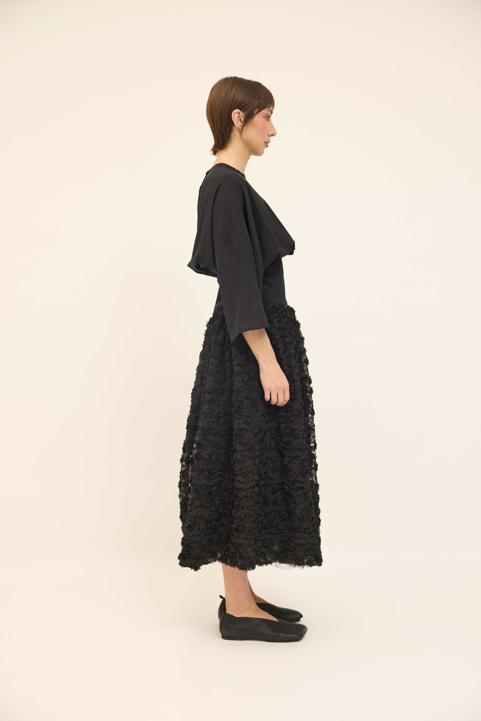 Gathered Skirt with petticoat - Appliqué Black Mesh