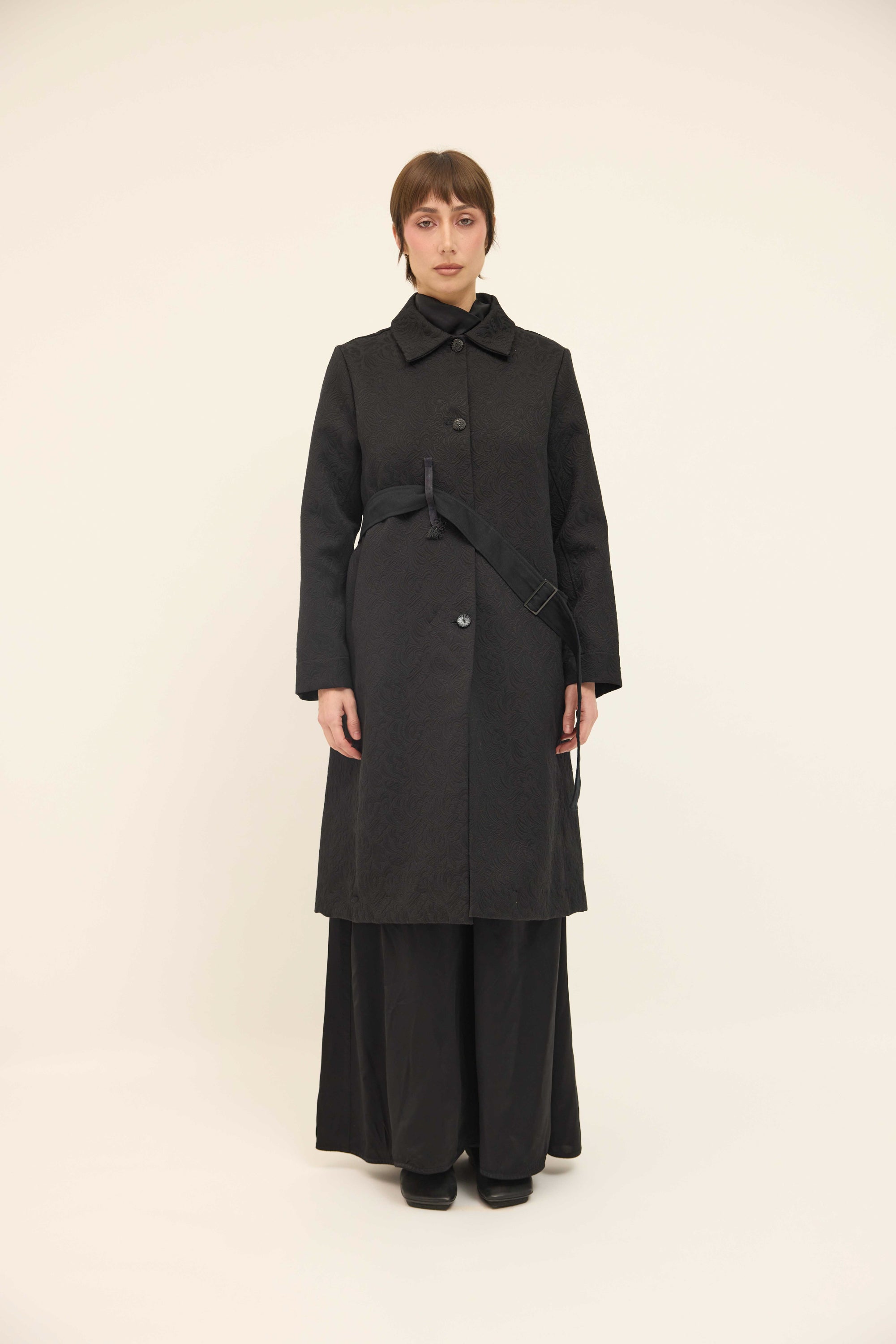 Maggie Coat Belted - Black Textured Cotton
