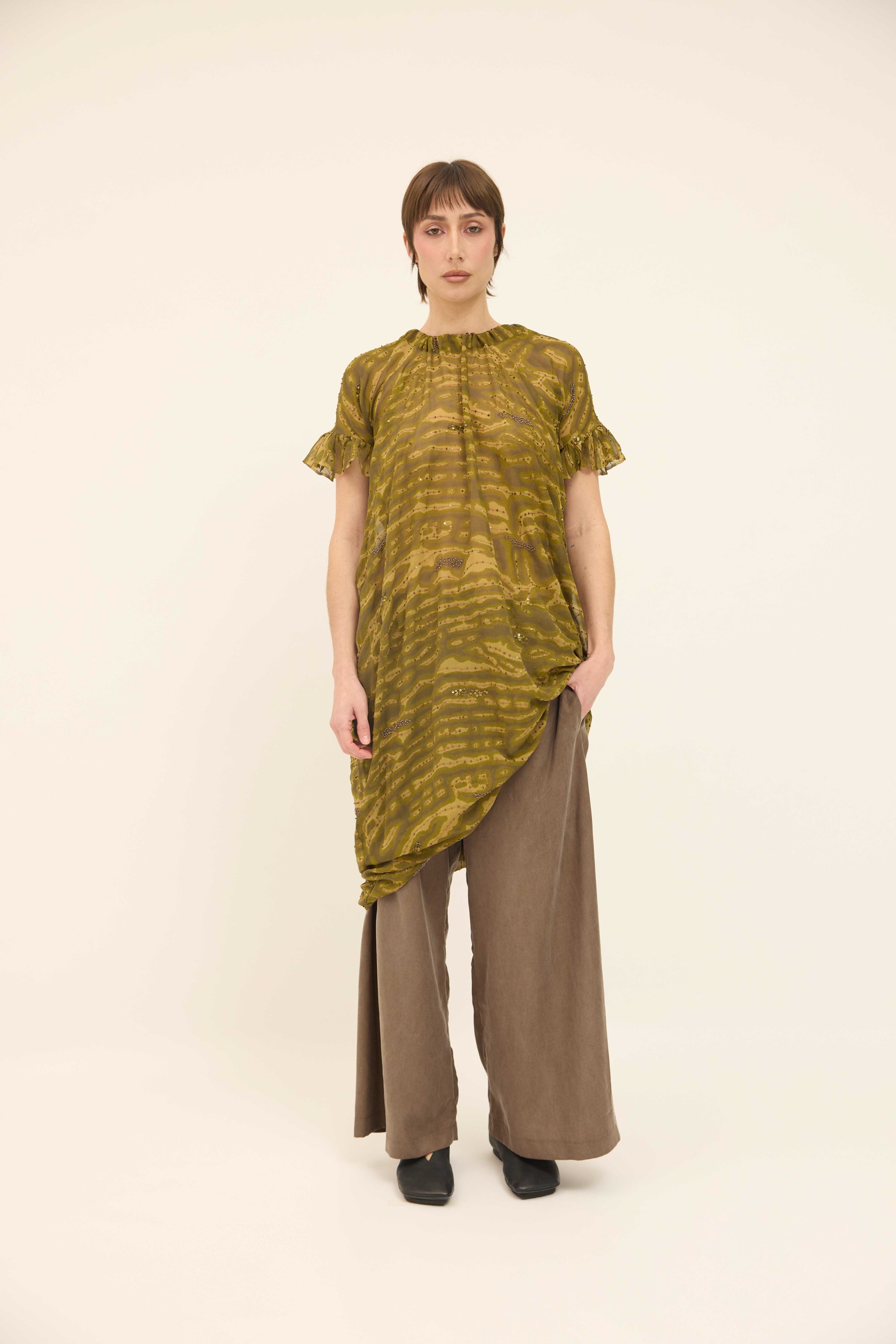 Hope Dress Relaxed - Olive Sequinned Silk