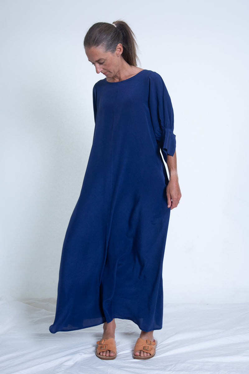 Stella Dress with Sleeves - Blue Silk