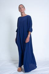 Stella Dress with Sleeves - Blue Silk