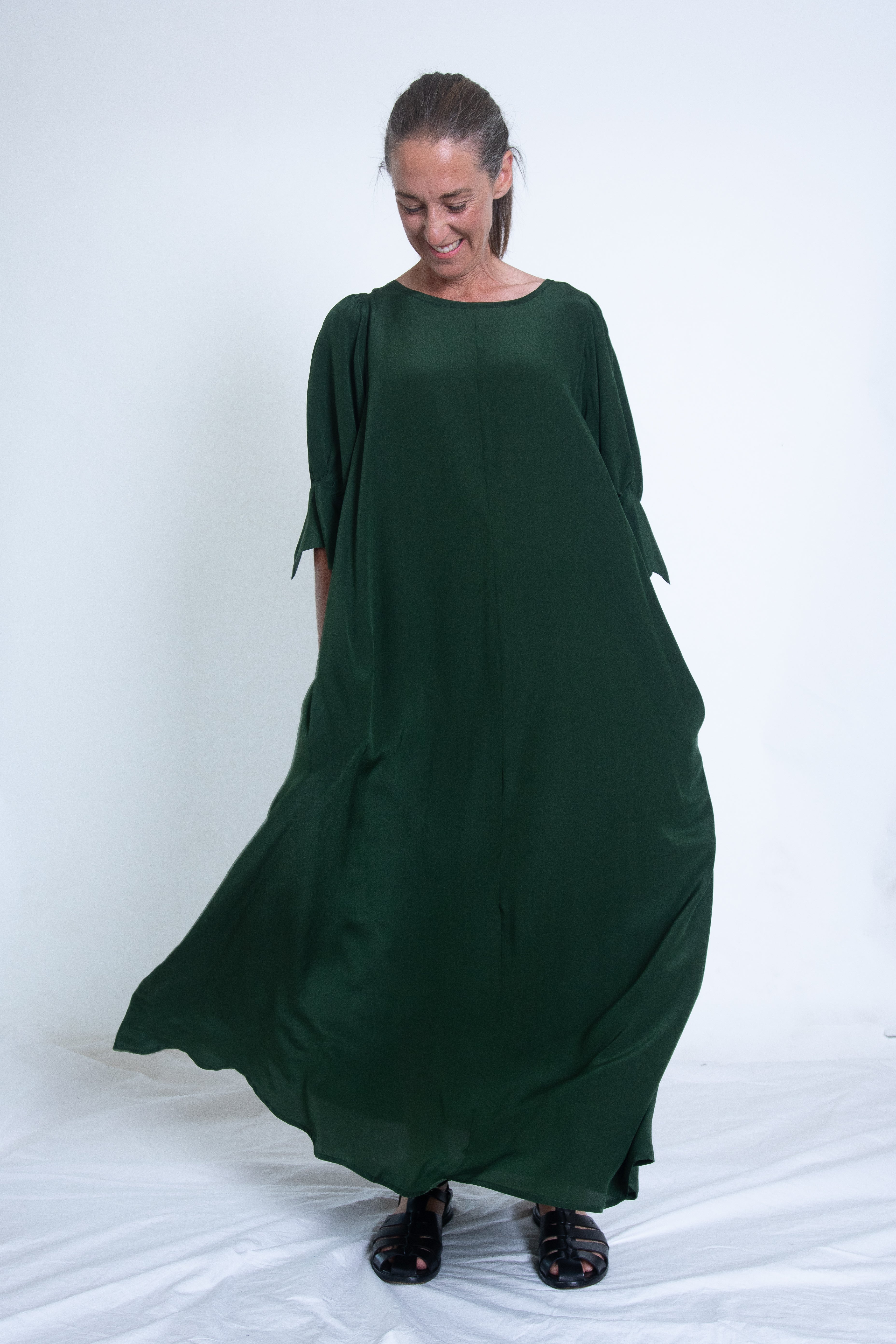 Stella Dress  with sleeves - Green Silk