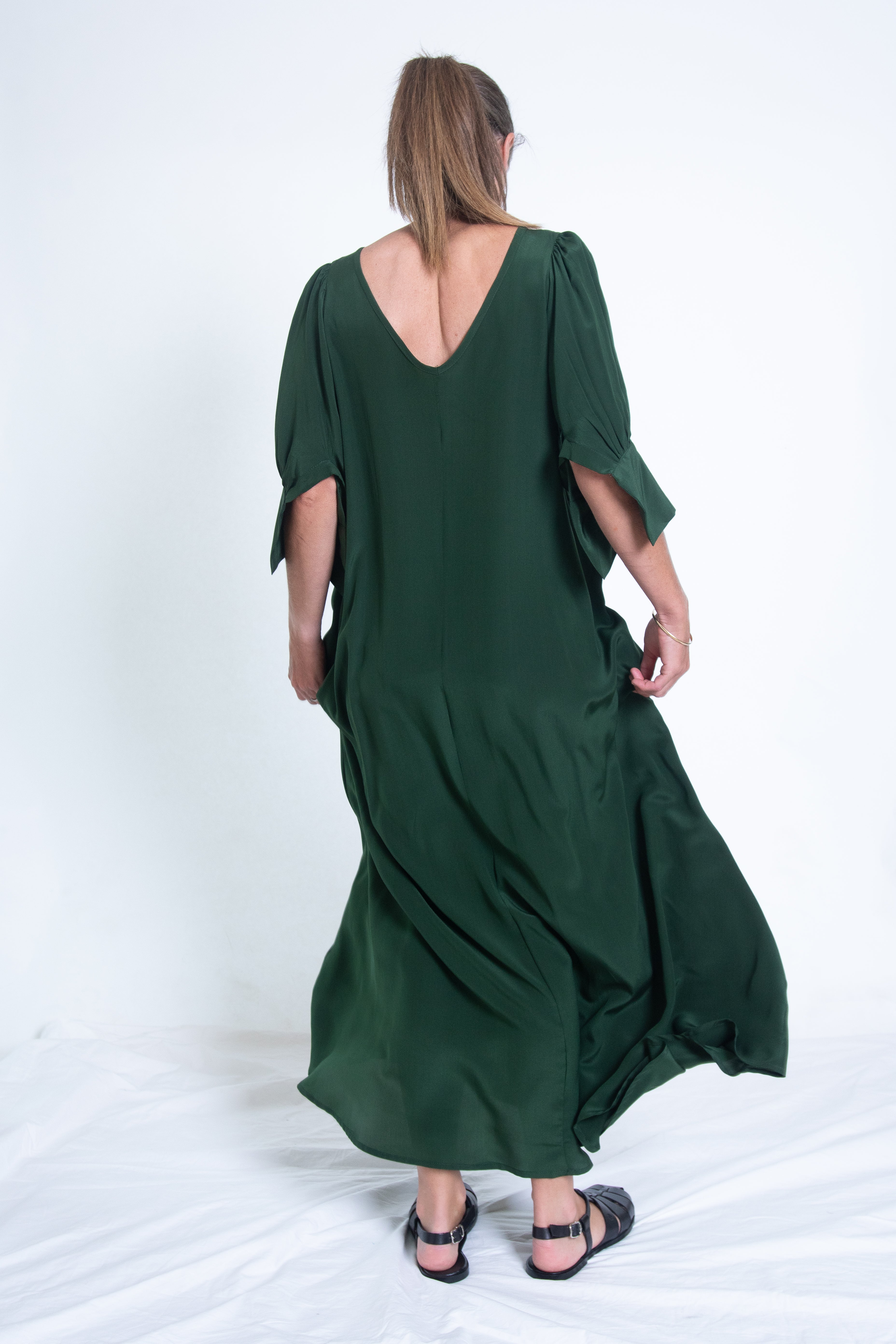 Stella Dress  with sleeves - Green Silk