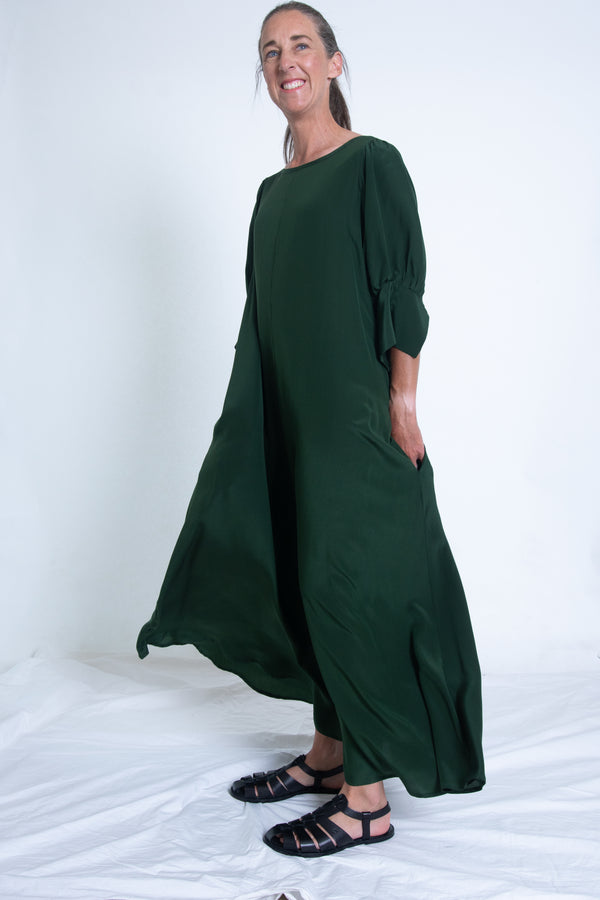 Stella Dress  with sleeves - Green Silk