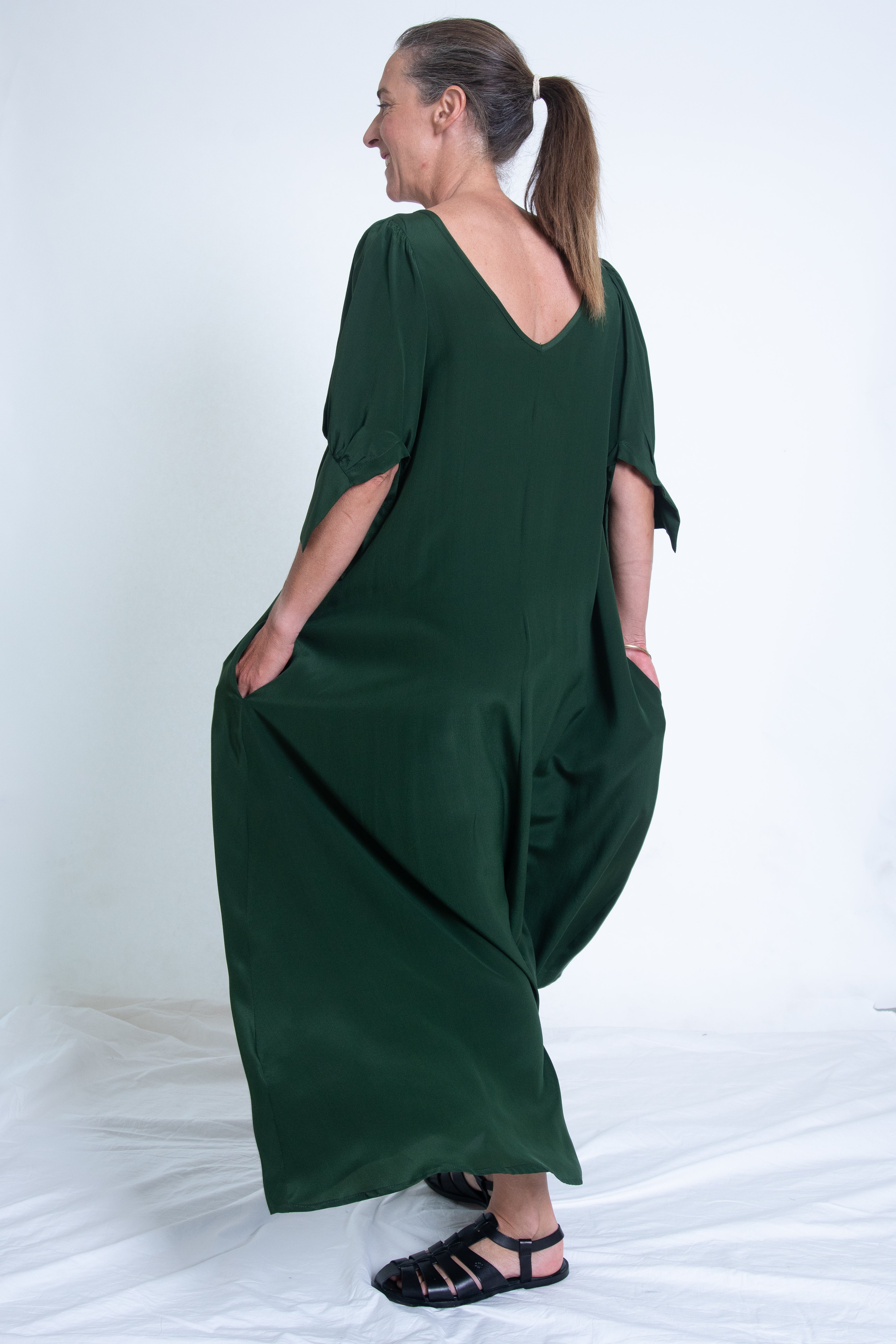 Stella Dress  with sleeves - Green Silk