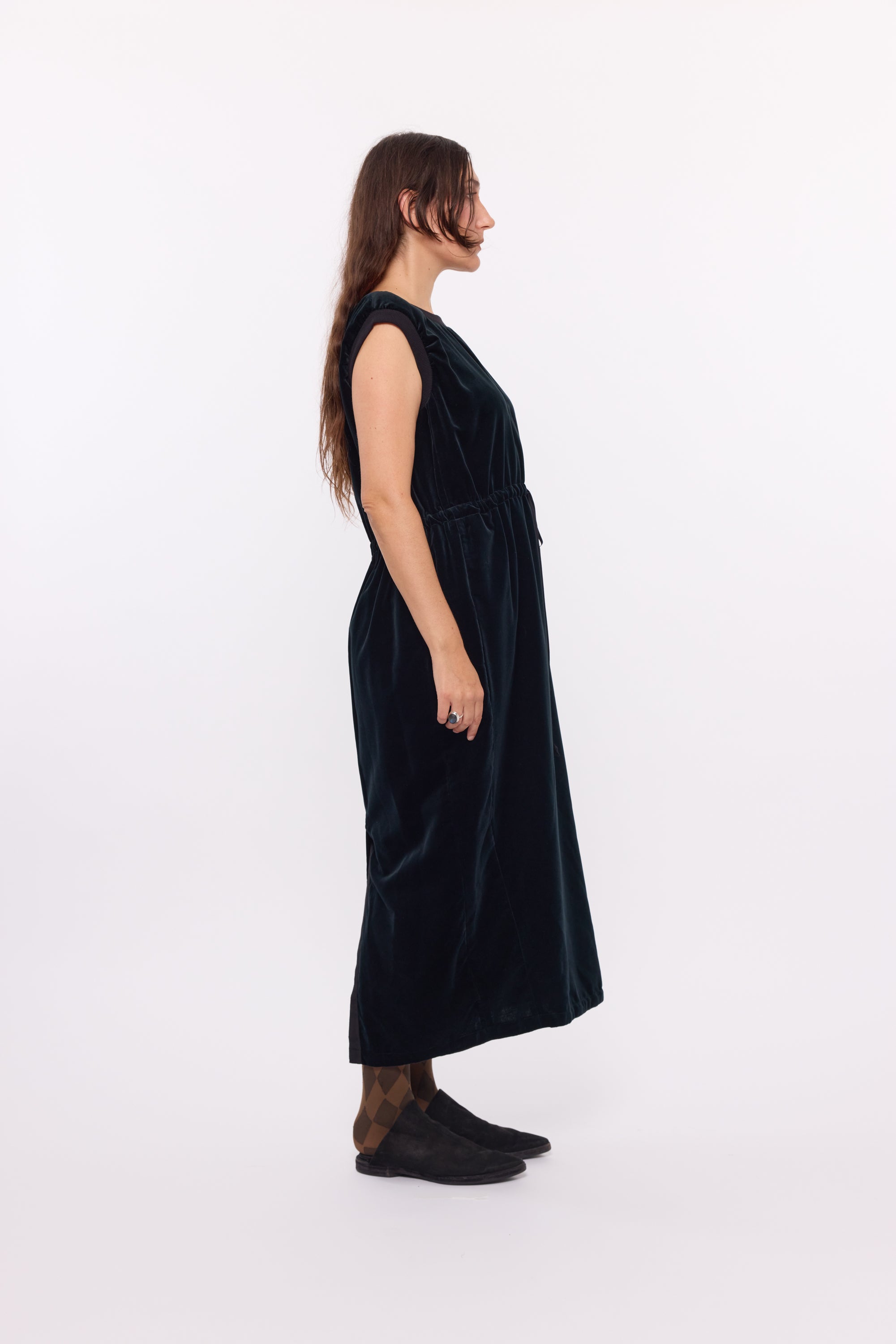 Gathered Waist Dress - Black Velvet