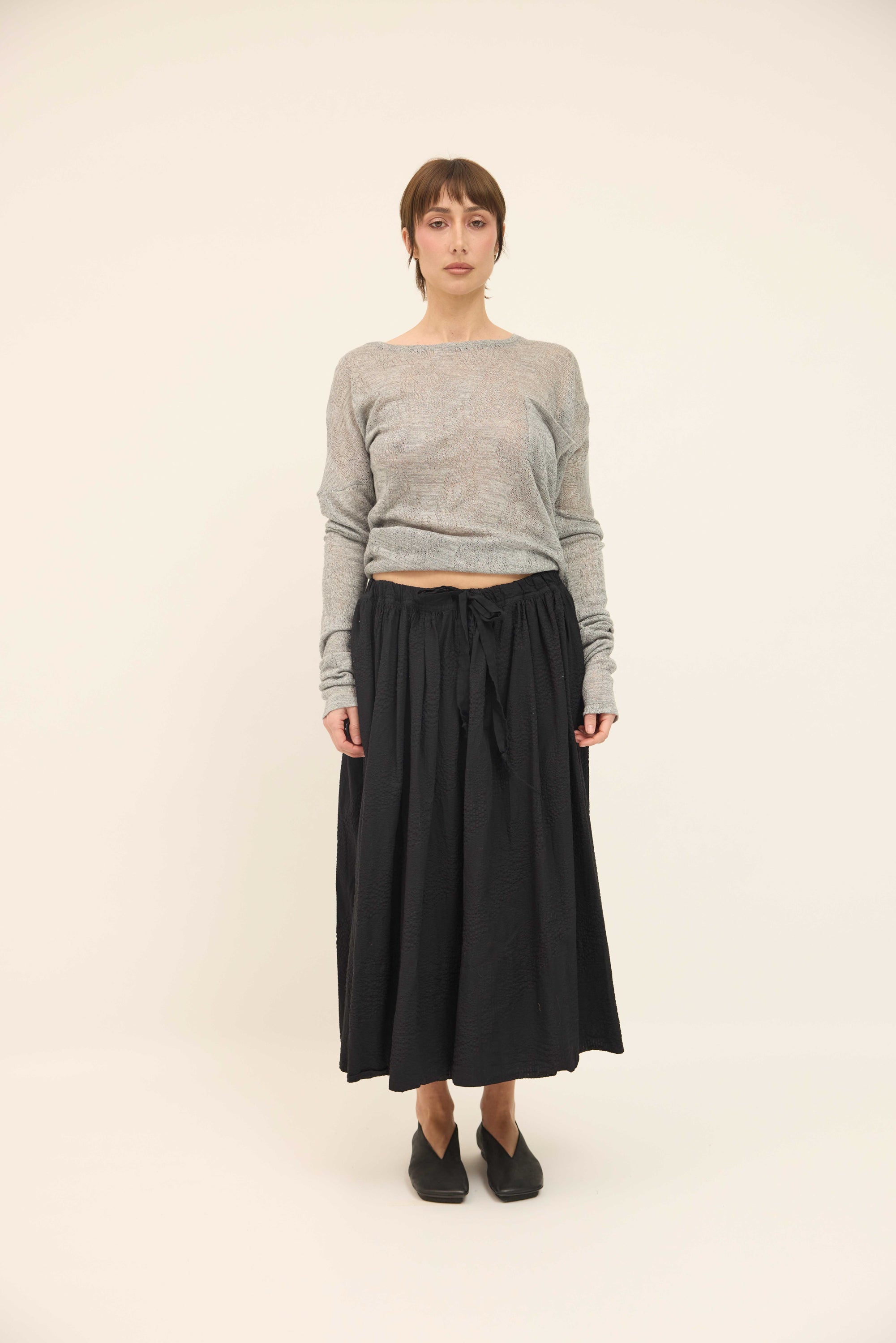 Gathered Skirt - Black Cotton Seersucker