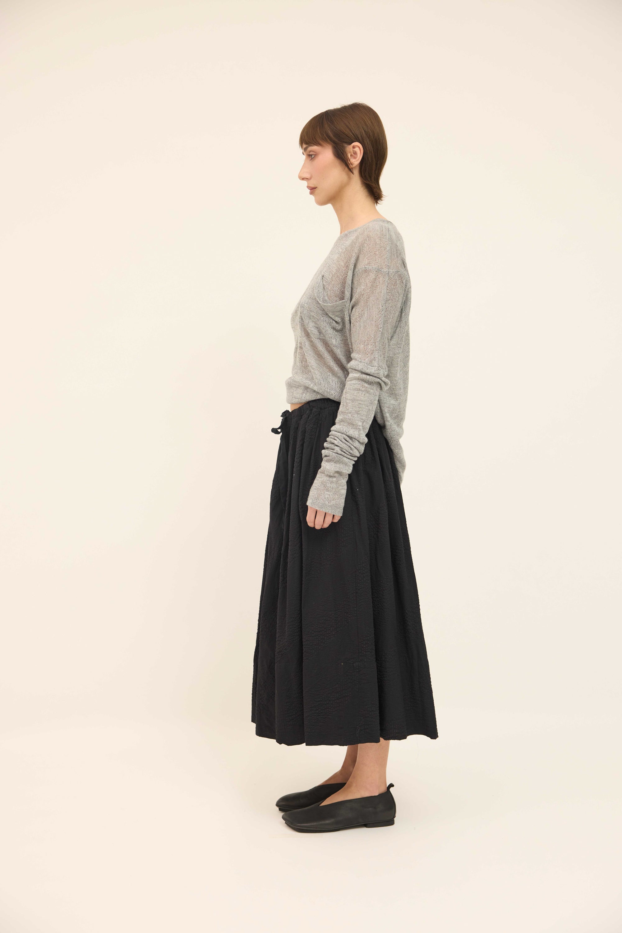 Gathered Skirt - Black Cotton Seersucker