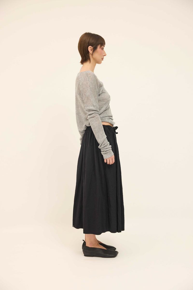 Gathered Skirt - Black Cotton Seersucker