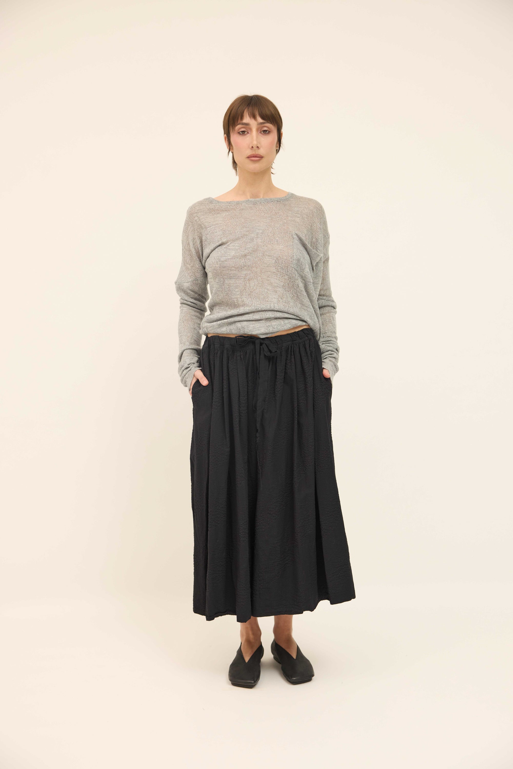 Gathered Skirt - Black Cotton Seersucker