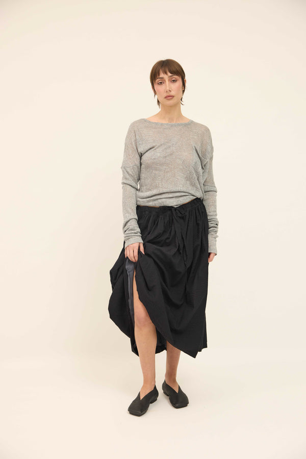 Gathered Skirt - Black Cotton Seersucker