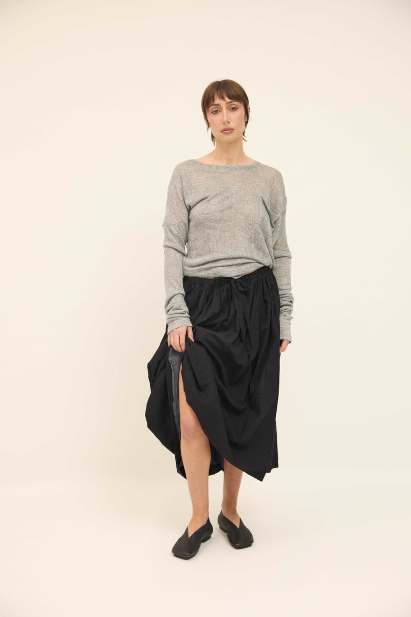 Gathered Skirt - Black Cotton Seersucker