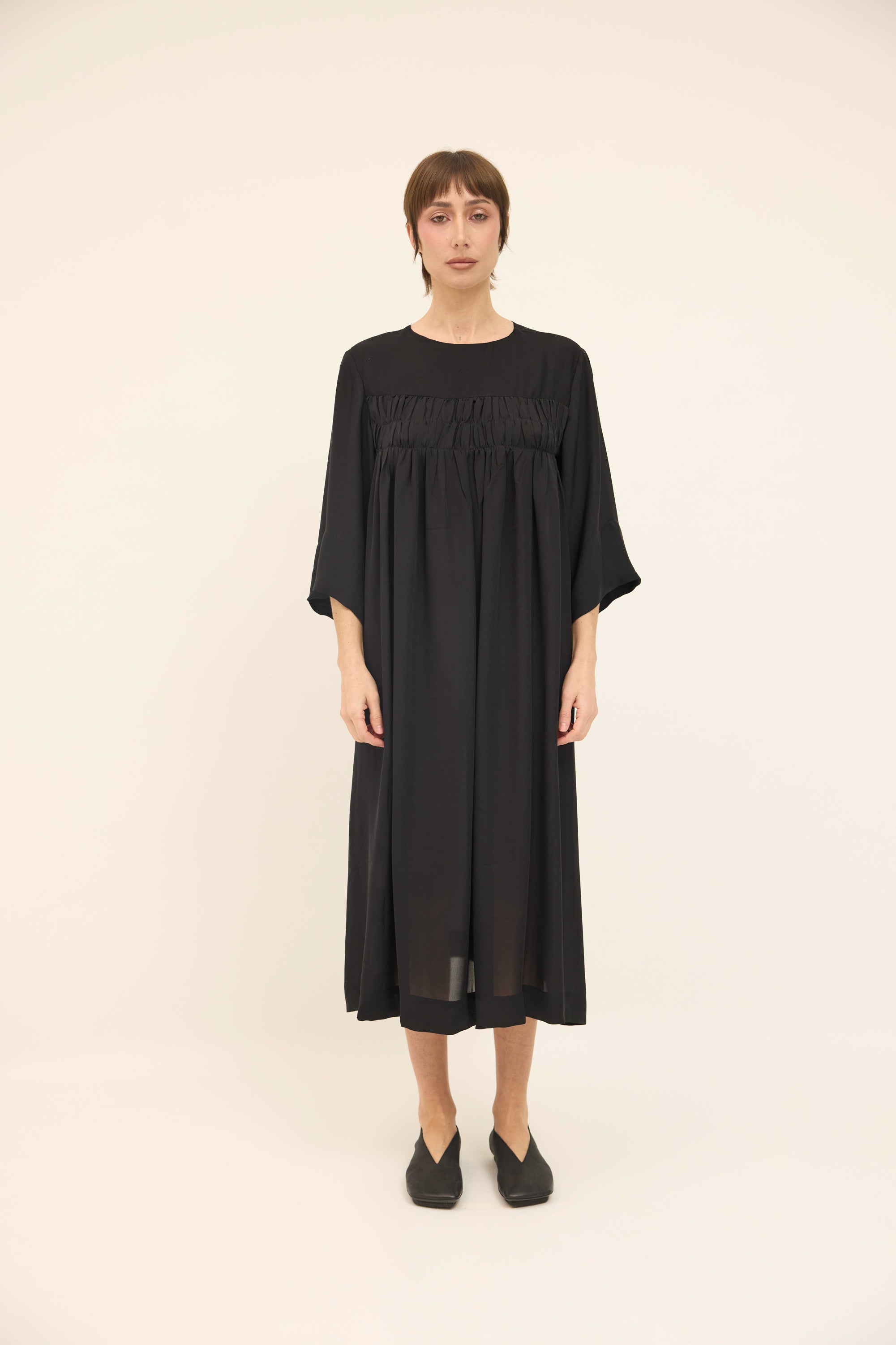 Gathered Dress - Black Double Silk