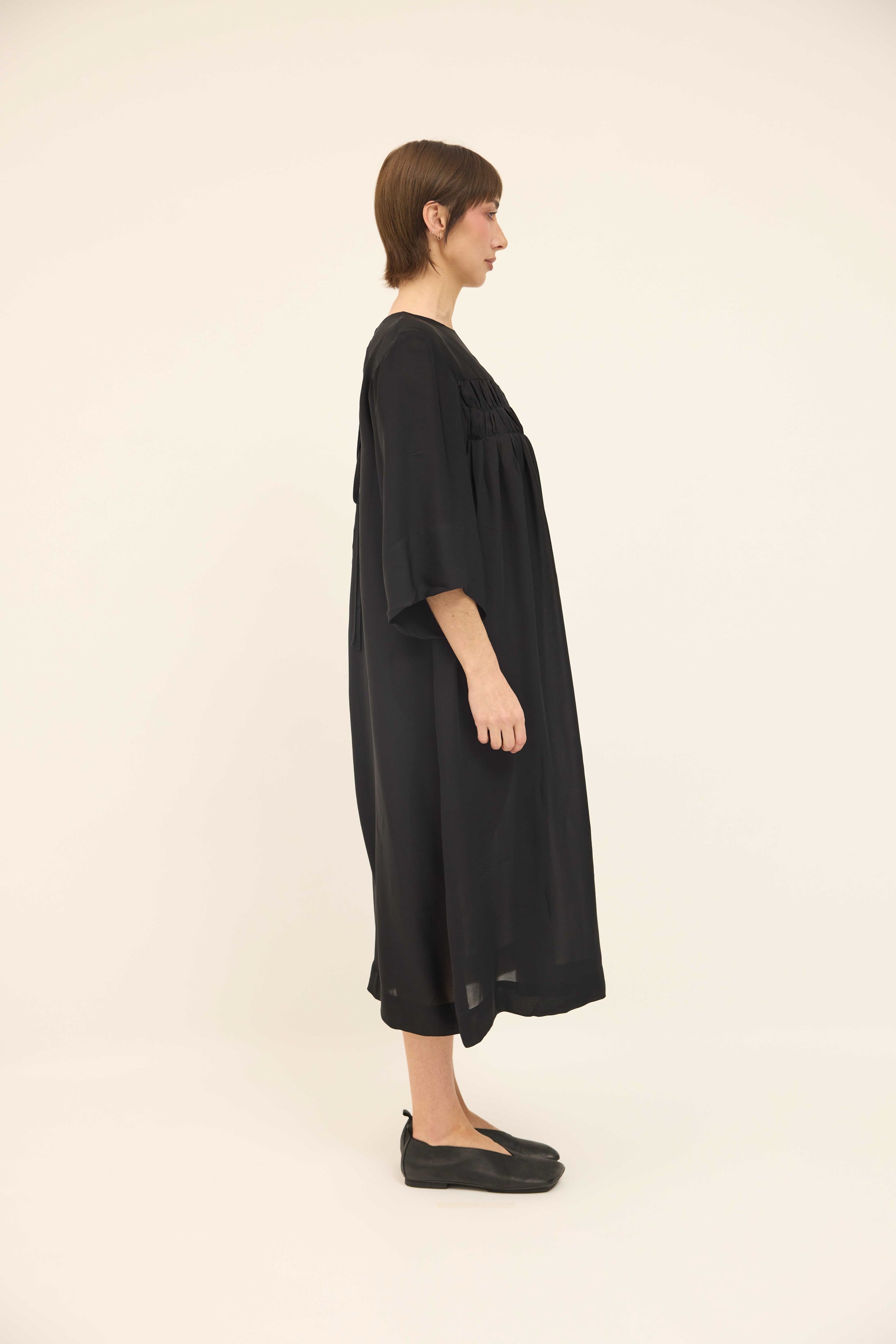 Gathered Dress - Black Double Silk