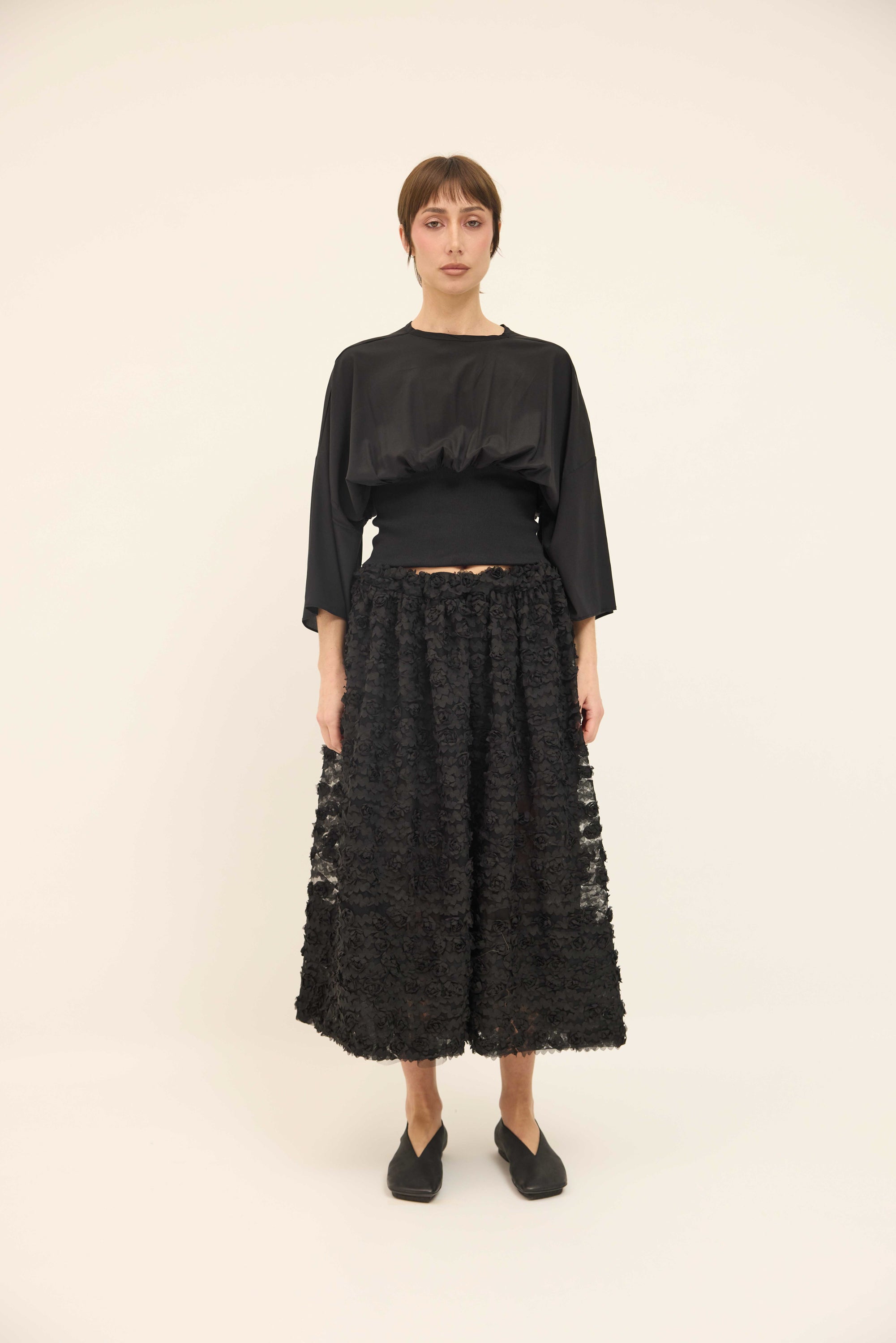 Gathered Skirt with petticoat  - Appliqué  Black Mesh