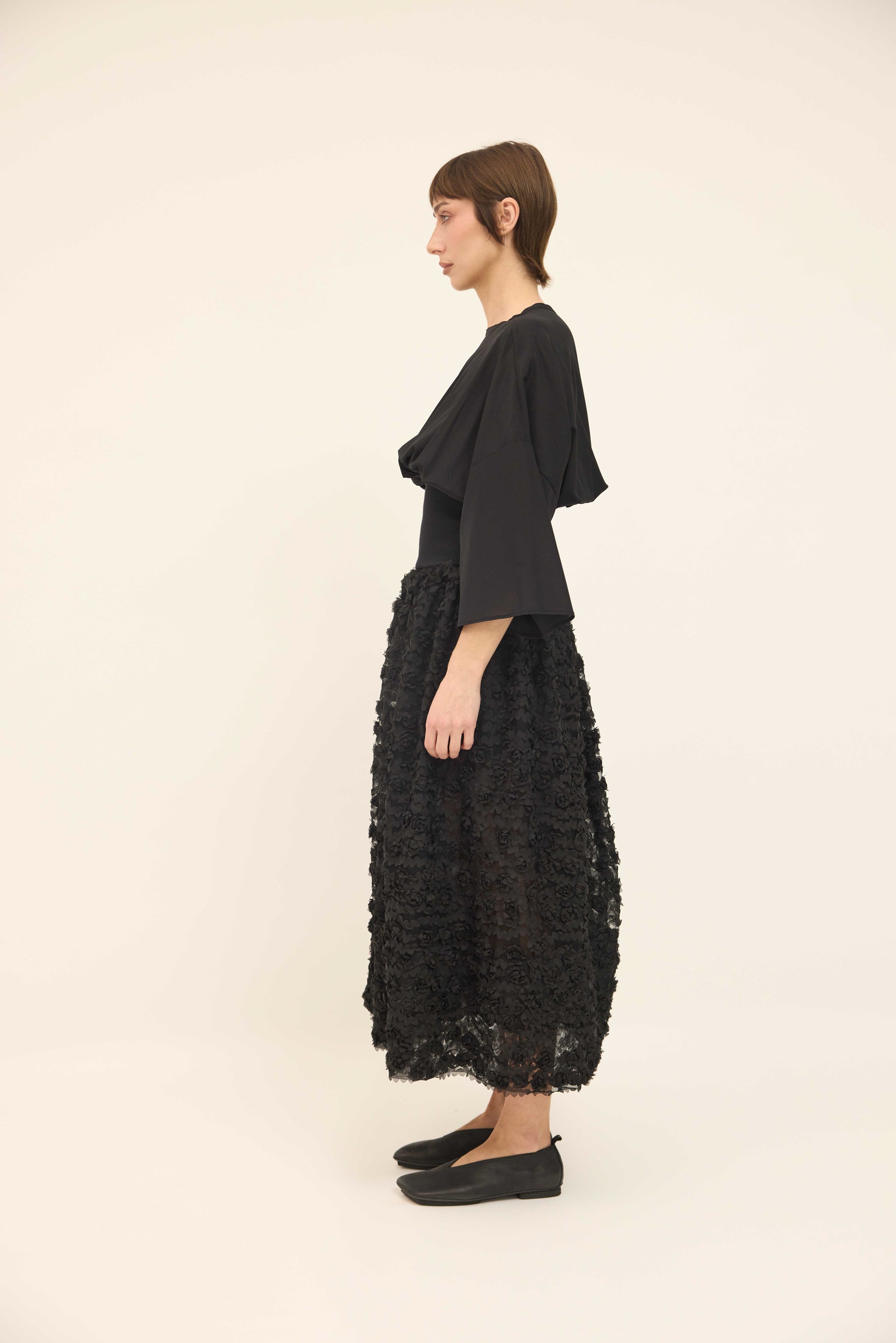 Gathered Skirt with petticoat  - Appliqué  Black Mesh