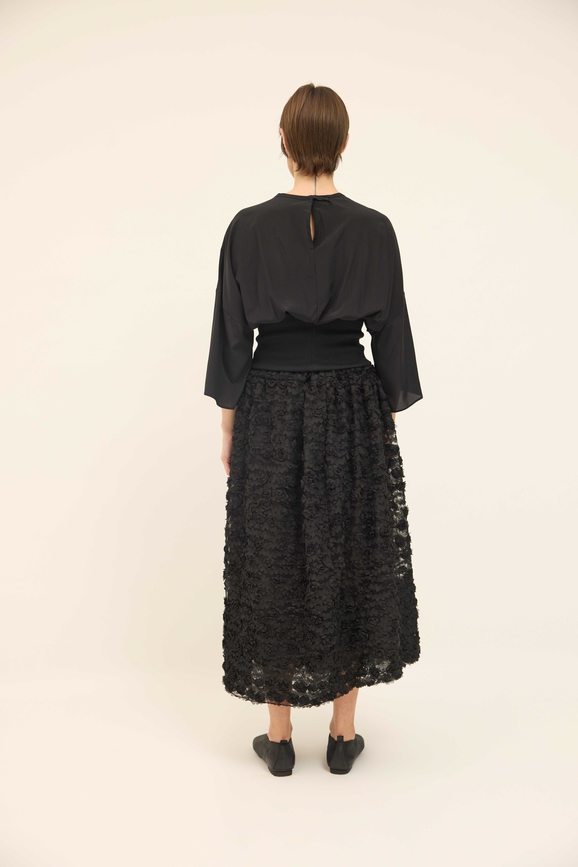 Gathered Skirt with petticoat  - Appliqué  Black Mesh