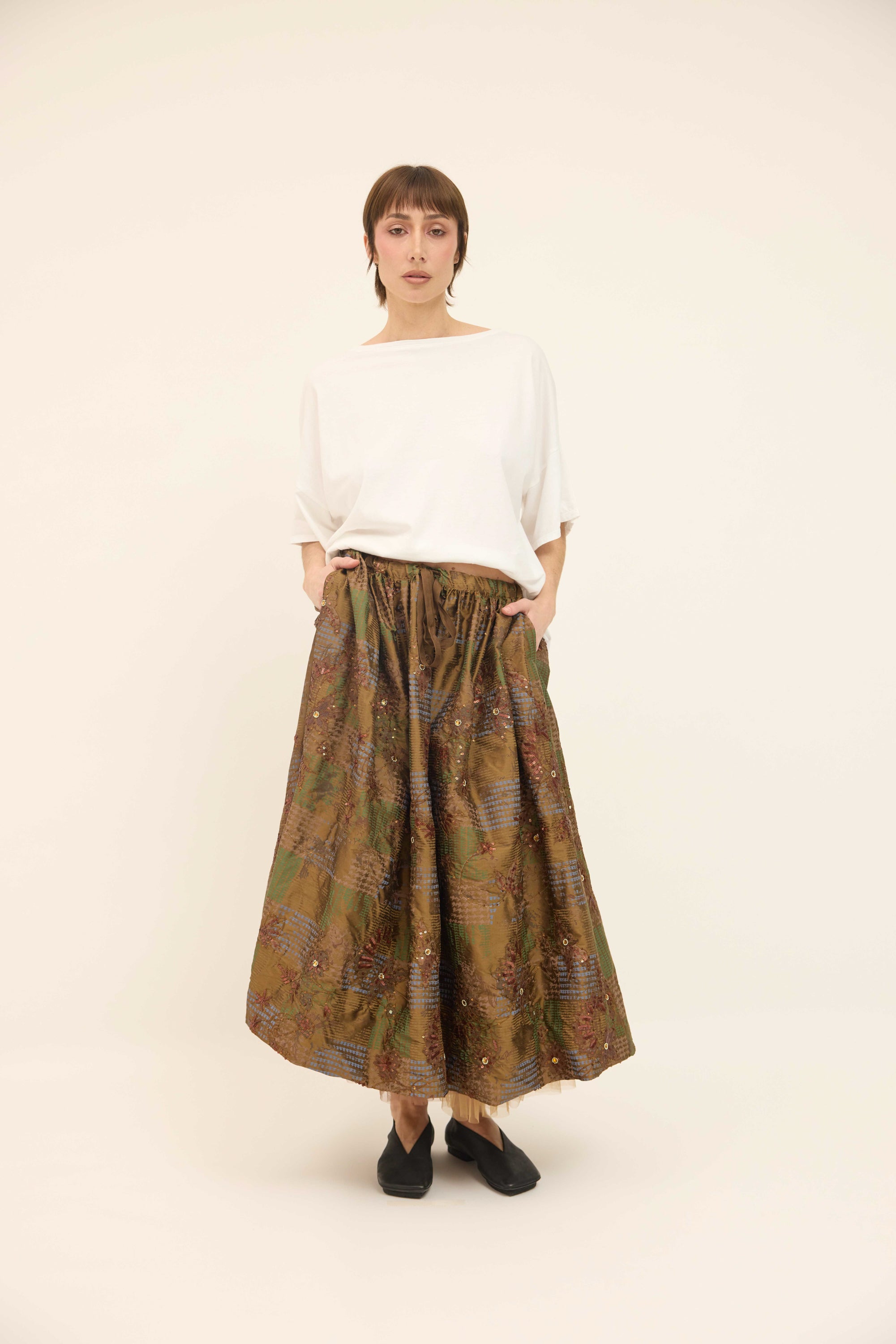 Gathered Skirt - Embellished Silk with Petticoat