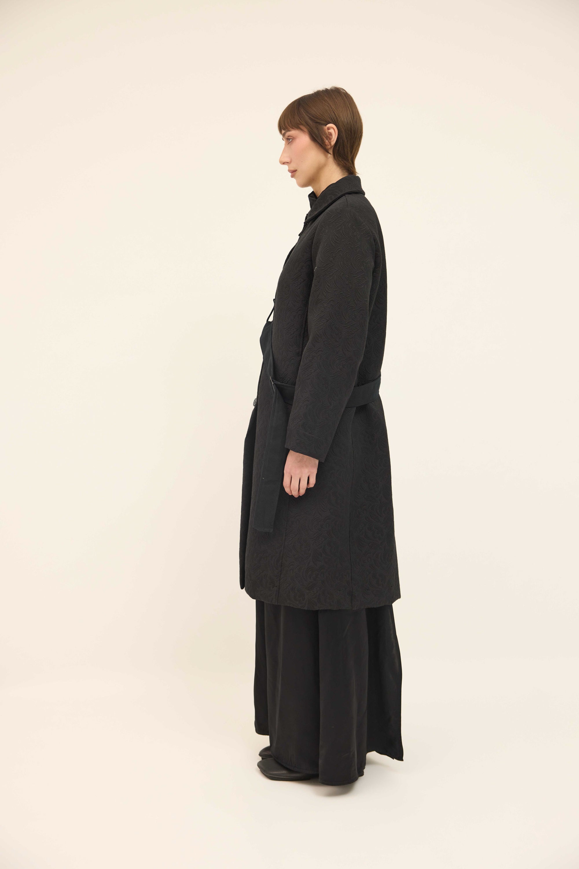 Maggie Coat Belted - Black Textured Cotton