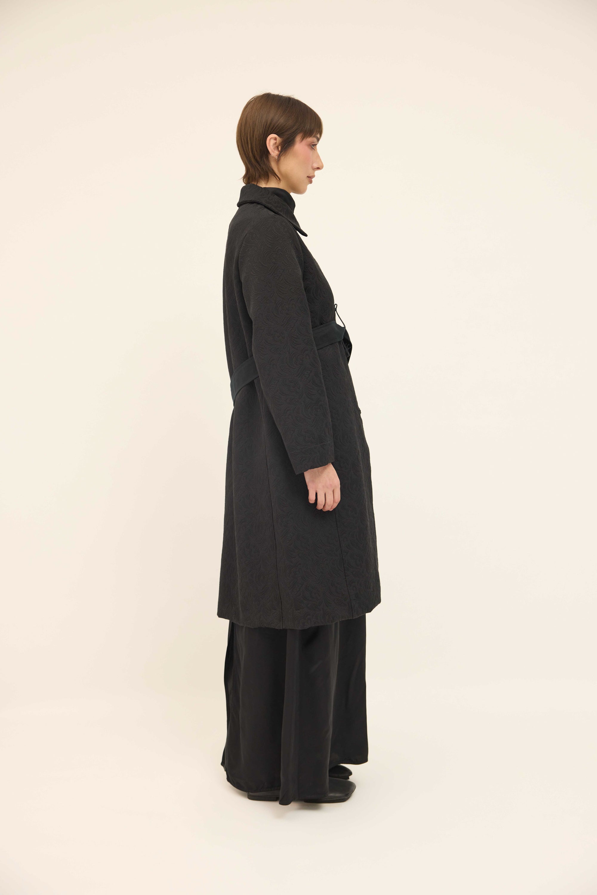 Maggie Coat Belted - Black Textured Cotton