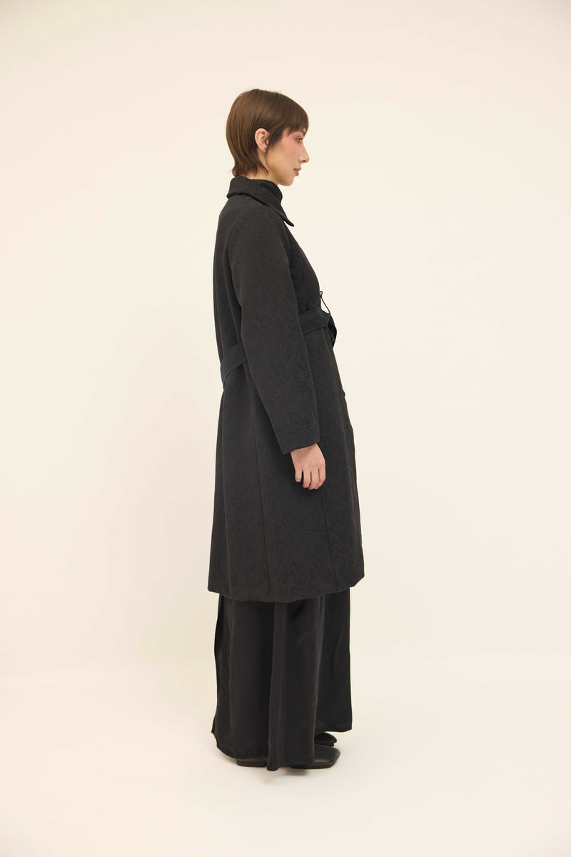 Maggie Coat Belted - Black Textured Cotton