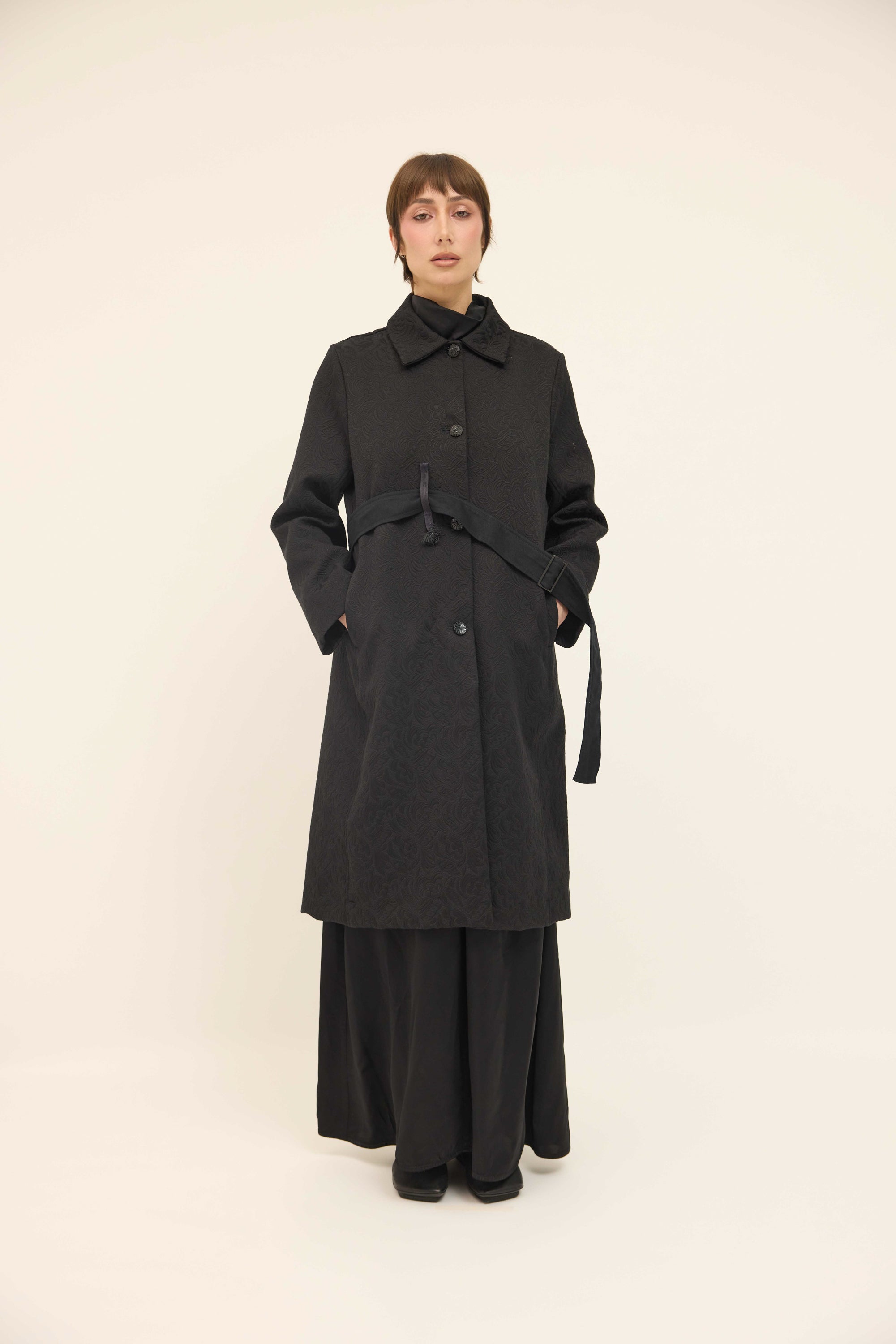 Maggie Coat Belted - Black Textured Cotton