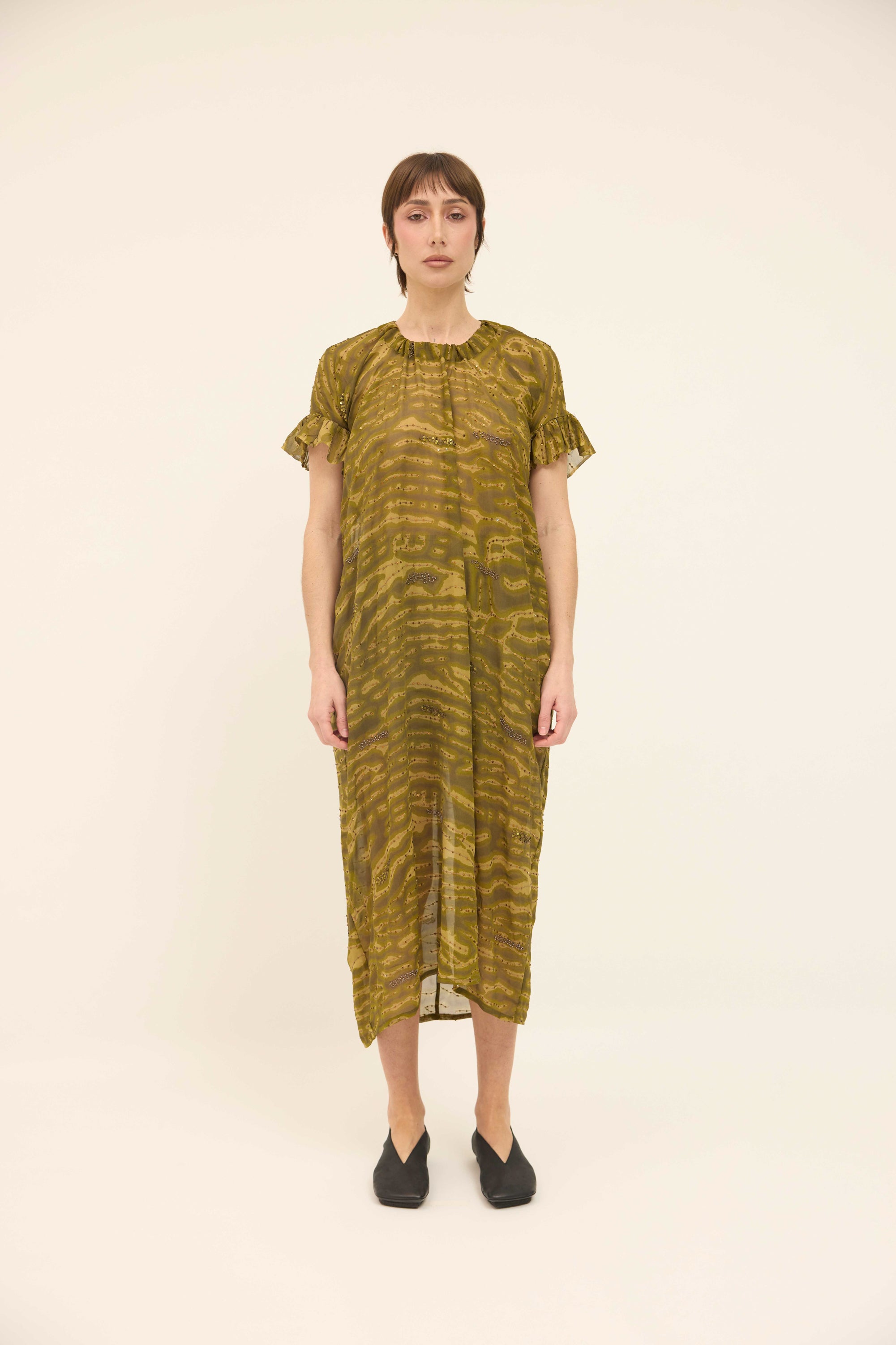 Hope Dress Relaxed - Olive Sequinned Silk