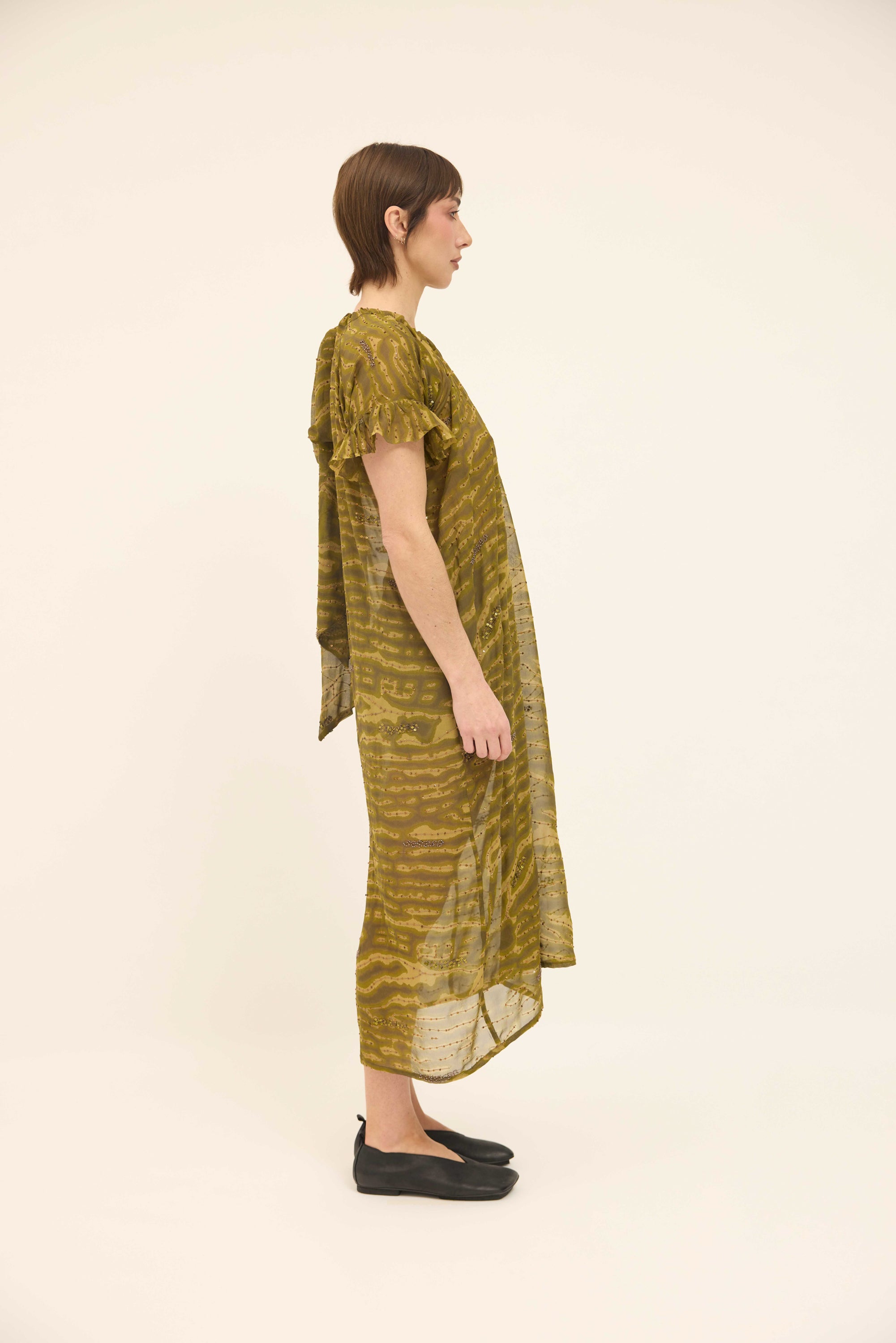 Hope Dress Relaxed - Olive Sequinned Silk