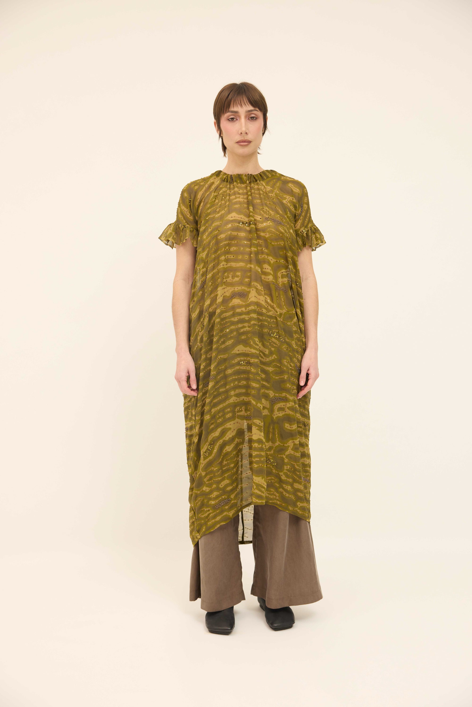 Hope Dress Relaxed - Olive Sequinned Silk