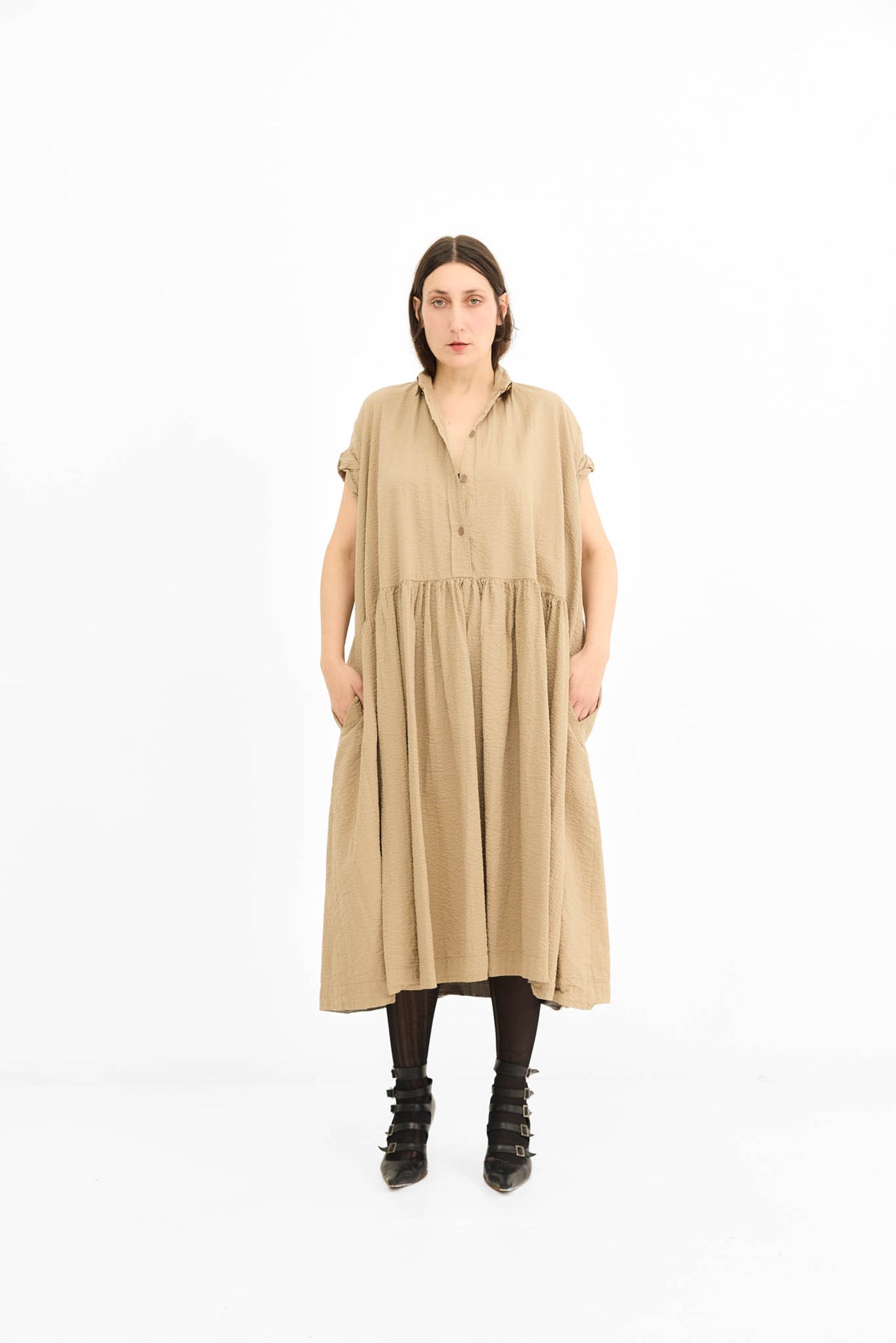 Rolled sleeve Dress -Oat