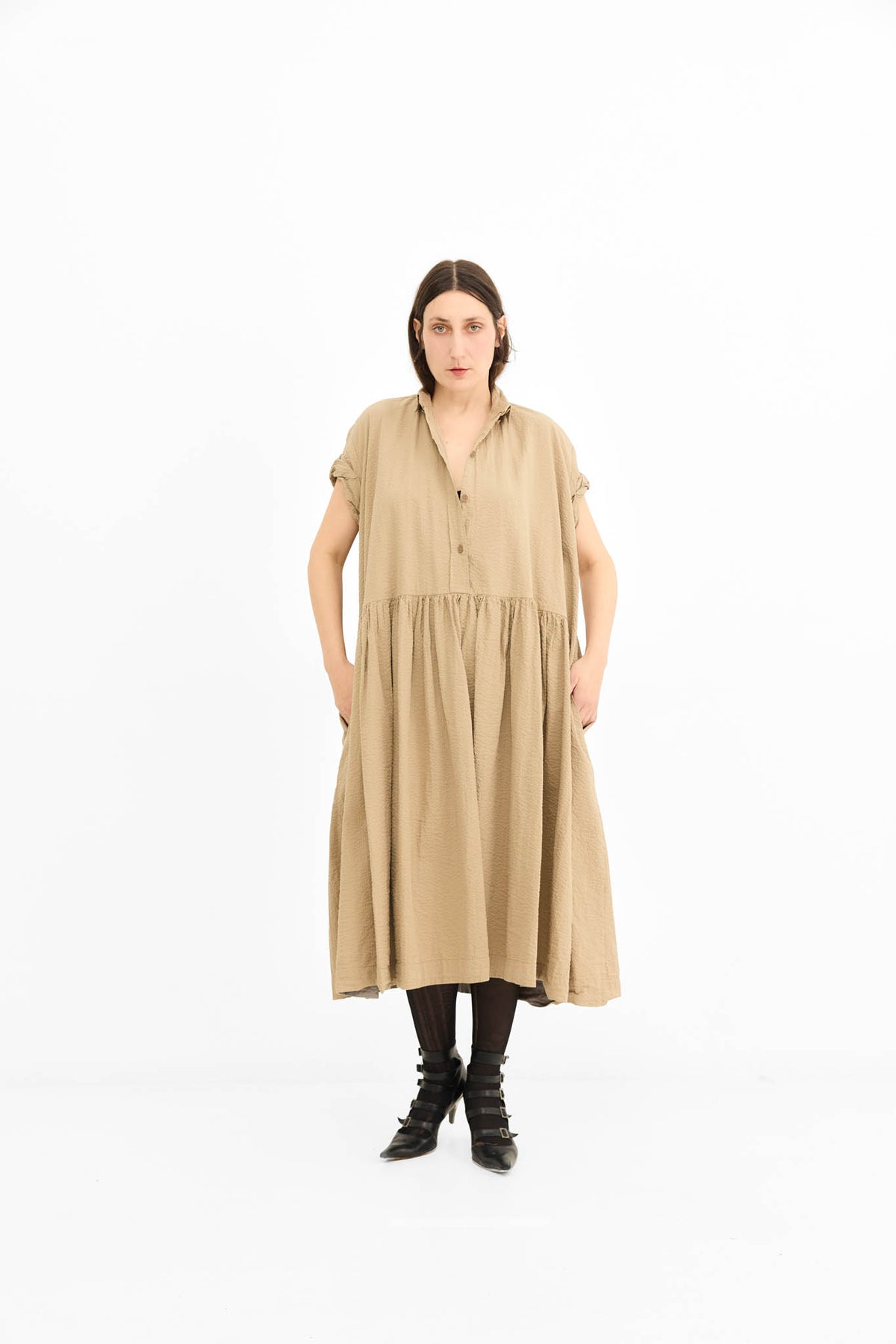 Rolled sleeve Dress -Oat