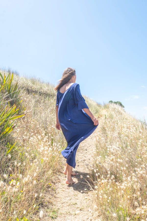 Stella Dress with Sleeves - Blue Silk