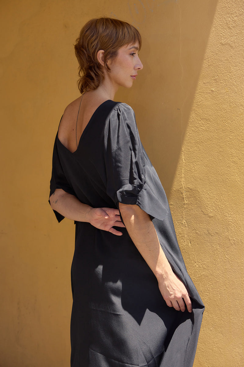 Stella Dress with Sleeves - Black silk