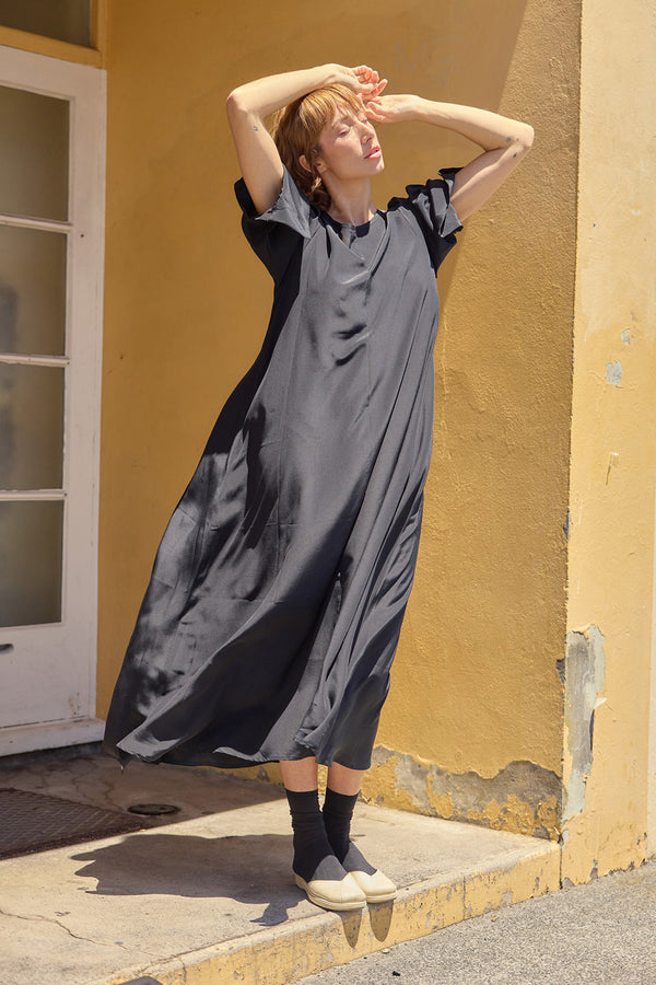 Stella Dress with Sleeves - Black silk